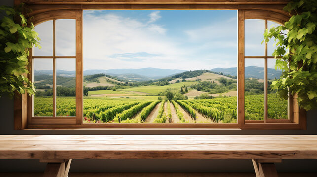 Scenic Vineyard View Through Wooden Window