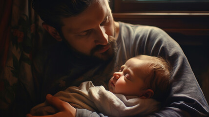 father with his newborn baby at home