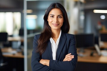 successful confident arabian hispanic smiling latino indian businesswoman boss female leader worker lady business woman posing hands crossed looking at camera in office corporate portrait