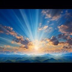 Sun Rays and warm Clouds on Magnificent magical panorama of blue skies at dawn