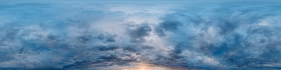 Dramatic overcast sky panorama with dark gloomy Cumulonimbus clouds. HDR 360 seamless spherical panorama. Sky dome in 3D, sky replacement for aerial drone panoramas. Climate and weather change.