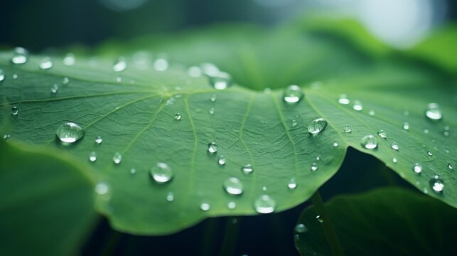 Illustrate the close-up details of water droplets on the surface of lotus leaves, emphasizing the interaction between the water and the hydrophobic characteristics, background image, AI generated