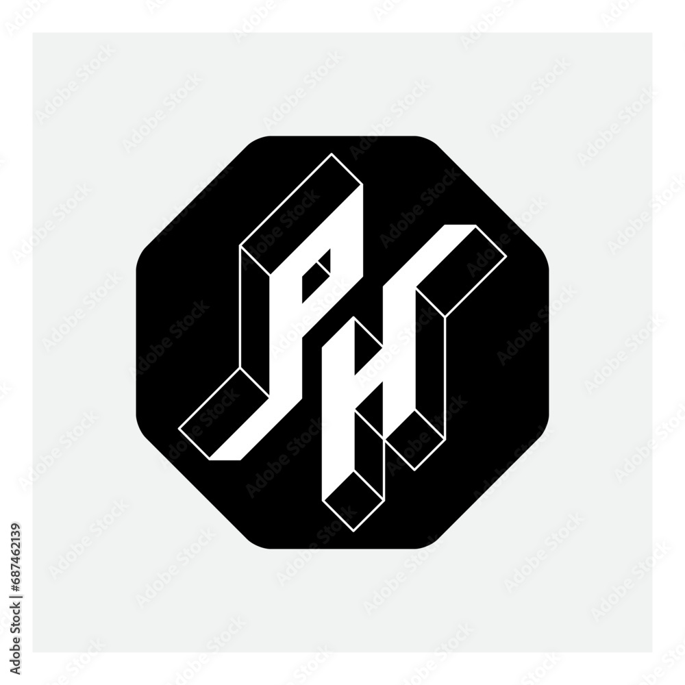 Poster PH - monogram or logotype. Three-dimension letters P and H on a hexagonal substrate. Isometric 3d font for design.