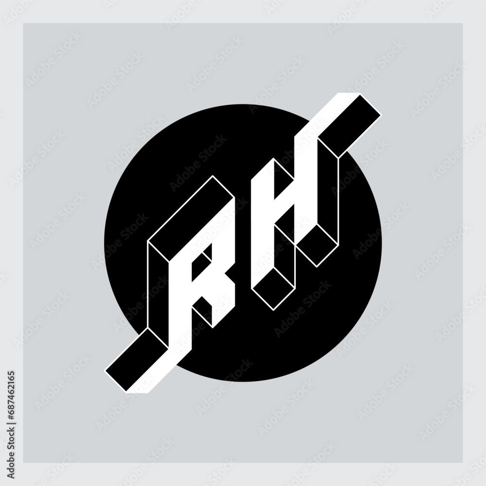 Poster R and H - Monogram or logotype. Isometric 3d font for design. Vector. Three-dimension letters R and H on a round substrate. RH - 2-letter code.