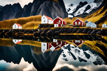 **perfect reflection of the raine village on the water of the fjord in the lofoten islands, norway-- - obrazy, fototapety, plakaty