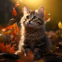 Naklejka na ściany i meble orange cute cat in autumn park