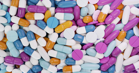 3d rendering illustration of medicine capsules filling the screen. Purple, fuchsia, blue and orange oval tablets of different shapes