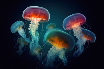 Group of rare colored jellyfish close-up, dark background. AI generated.