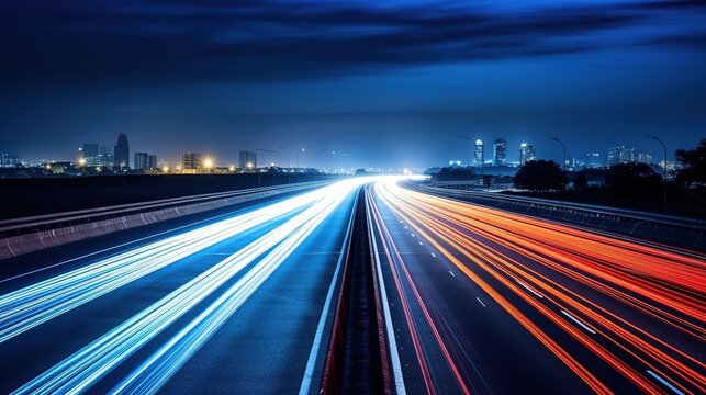 Night Highway with Colorful Light Trails