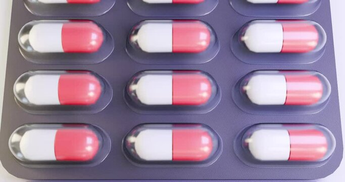 3d render animation red and white capsules tablets in silver blisters are moving along the conveyor.  The concept of the pharmaceutical business, the production of dietary supplements, vitamins, narco