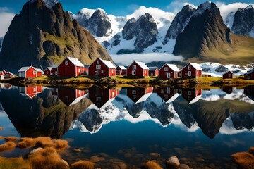 **perfect reflection of the raine village on the water of the fjord in the lofoten islands, norway--