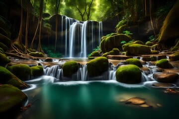 **panoramic beautiful deep forest waterfall in thailand -