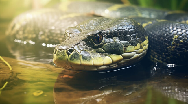 Detail of large green anaconda coiled on a rock, poised in its tropical habitat.