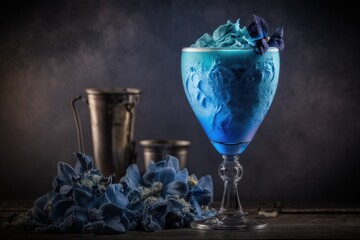Closeup glass of blue kamikaze cocktail decorated with ice. Smoke at the background. Generative Ai