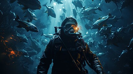 A diver in a diving suit swims underwater with fish and corals. - obrazy, fototapety, plakaty