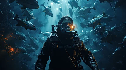 Foto op Aluminium A diver in a diving suit swims underwater with fish and corals. © Aliaksandra