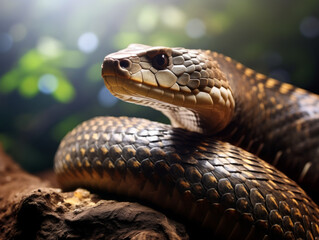Fototapeta premium A fearless King Cobra, poised in a natural setting.