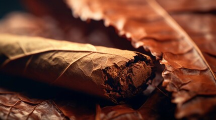 Close-up image showcasing the rich and textured details of the aged wrapper of a cigar, background image, AI generated - obrazy, fototapety, plakaty