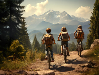 Fototapeta premium three teenager person mountain biking without helmets on trail. mountain, pine forest background. back, Rear view of 3 children. group, team of kids cycling outdoors in summer nature. Generative ai