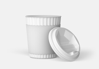 Paper cup of coffee with a plastic lid on a white background.