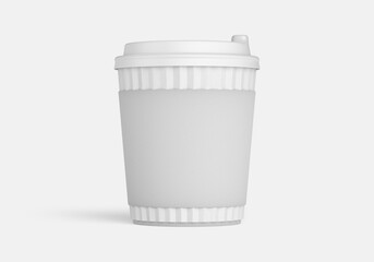 Paper cup of coffee with a plastic lid on a white background.