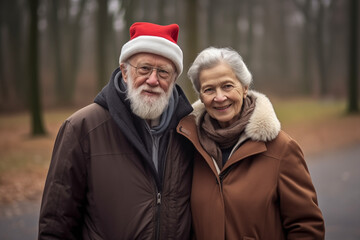 Elderly people smiling at Christmas, family happiness and walks in the park in retirement