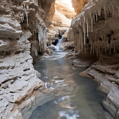 White atomized water from dripping water through overhanging conglomerate named rinnende mauer in a canyon