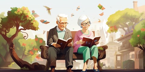 elderly old couple reading - obrazy, fototapety, plakaty