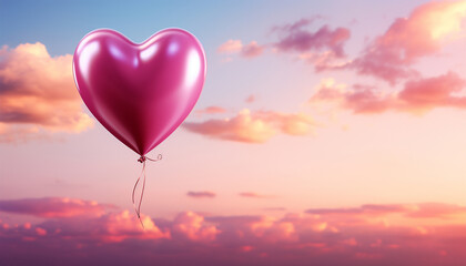 Pink balloon heart shape against colorful blue sunset sky and pink pastel sky in a sunny bright morning. Romantic postcard background on Valentine's Day. Travel and recreation theme Copy space - obrazy, fototapety, plakaty