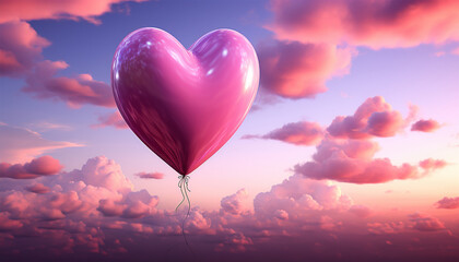 Fototapeta premium Pink balloon heart shape against colorful blue sunset sky and pink pastel sky in a sunny bright morning. Romantic postcard background on Valentine's Day. Travel and recreation theme Copy space