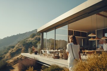 Stylish modern house hotel near the sea and people have a weekend vacation - obrazy, fototapety, plakaty