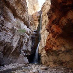 White atomized water from dripping water through overhanging conglomerate named rinnende mauer in a canyon