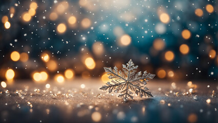 An abstract background featuring glistening snowflakes adorned with bokeh lights, presenting a delicate and charming Christmas-themed composition.