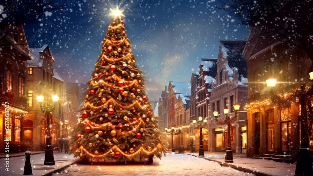 Wall mural animation of falling snow and sparkling stars. christmas tree in the center of a small town. loop vi