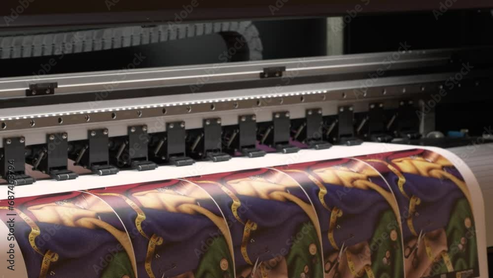 Poster large inkjet printer working, industrial printer, plotter head slides over the surface of the paper 
