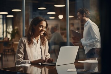 Fototapeta na wymiar A woman online uses a laptop conference business people company managers work in an office at a desk