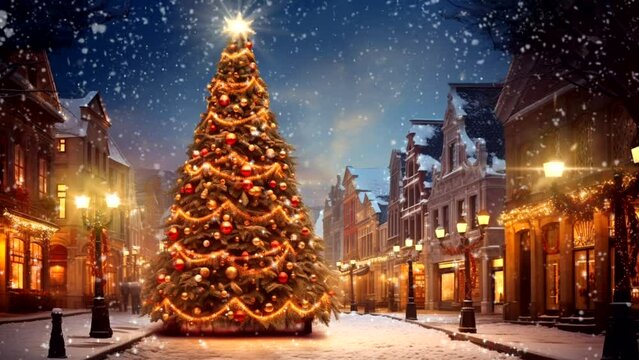 Animation of falling snow and sparkling stars. Christmas tree in the center of a small town. Loop video. One minute, 