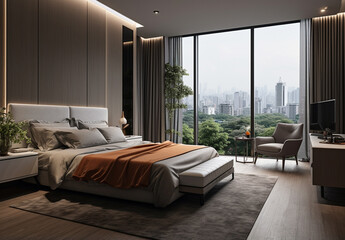 In this new, modern bedroom within a home, the view outside the window presents a lush natural scene with trees, evoking a sense of relaxation and rejuvenation. Generative AI.