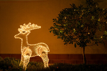 illuminated reindeer in front of a house at christmas