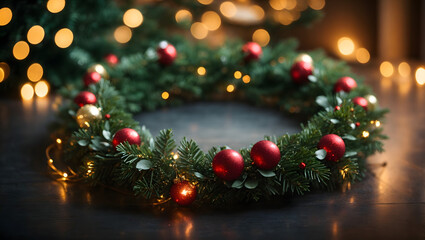 Fototapeta na wymiar An abstract background showcasing a Christmas wreath adorned with twinkling bokeh lights, adding a touch of magic and warmth to the holiday season.