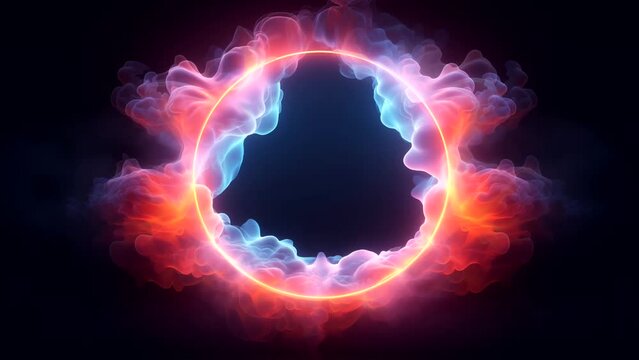 Animation of a neon circle surrounded by clouds of smoke. Abstraction. Loop video. One minute, 2k