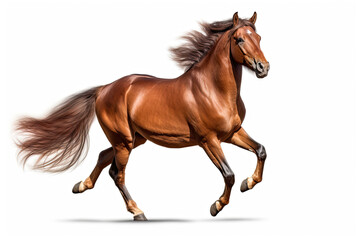 side view a brown horse gallops isolated on a white background