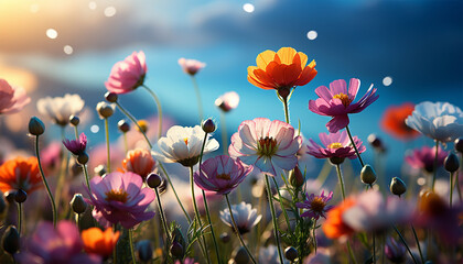 Flowers moving in the wind A beautiful, sun-drenched spring summer meadow. Various colorful flowers. Natural colorful landscape with many wild flowers against blue sky. A frame with soft selective 