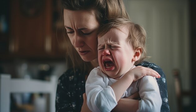 Baby Crying With Tears On His Mothers Shoulders