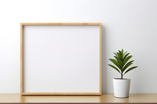 blank frame picture on a wall with plant. mock up frame 