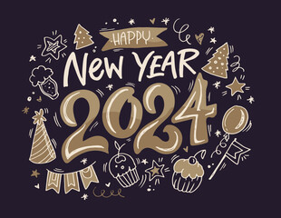 Merry Christmas and happy new year - cute postcard.  Lettering label for poster, banner, web, sale, t-shirt design. 2024. New year holiday greeting card.