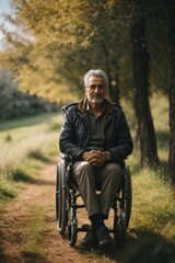 A handsome Italian, happy smiling disabled man of 60-70 years old is sitting in a wheelchair in nature against a background of trees in sunny weather.