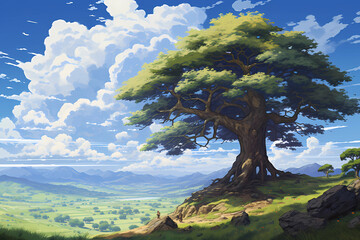 anime drawing of a tree and clouds in a sunny field - obrazy, fototapety, plakaty