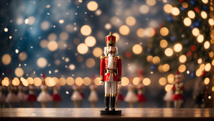 An abstract representation of a Nutcracker ballet performance, with bokeh lights twinkling in the...