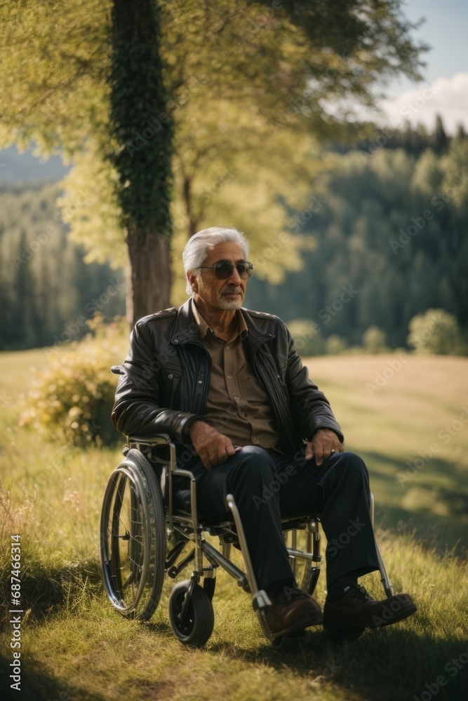 Poster A handsome disabled man of 60-70 years old is sitting in a wheelchair in nature against a background of trees in sunny weather.
